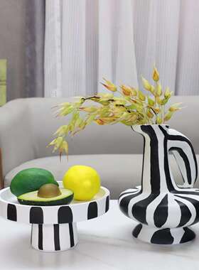 白北欧创意竖纹花瓶果盘树脂摆件客厅餐厅电视柜黑1138样板房家居
