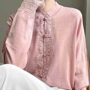 内1219e 外穿气质百搭针织衫 风立领打底衫 女蕾丝拼接盘扣宽松长袖
