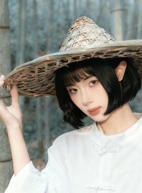 手工竹编遮阳帽女夏季防晒大檐帽编织草帽度假拍照中国舞斗笠帽子