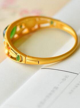 纯银镀金镶嵌复古碧玉古法宫廷沙金原创设计时尚手镯绿松手饰饰品