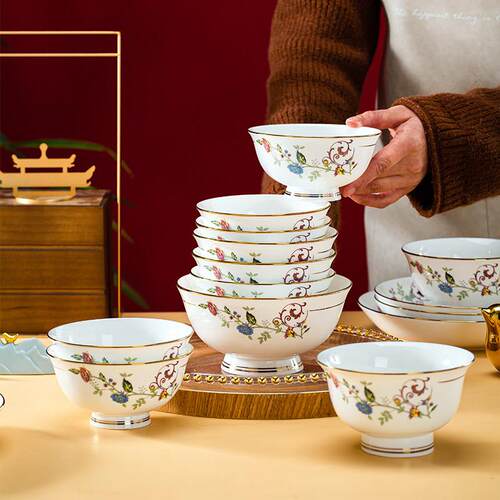 金边饭碗家用陶瓷碗米饭碗防烫碗景德镇北欧大号饭碗骨瓷碗汤面