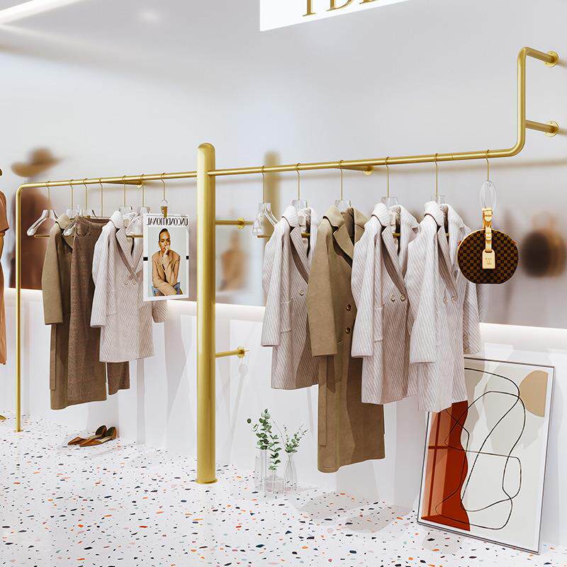 服装店陈列架女装货架上墙陈列道具侧挂铁艺黄色展示架韩风挂衣架