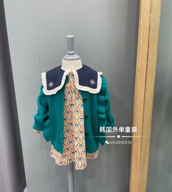 韩国云朵童装秋女宝洋气孔雀绿木耳边针织开衫毛衣长袖连衣裙
