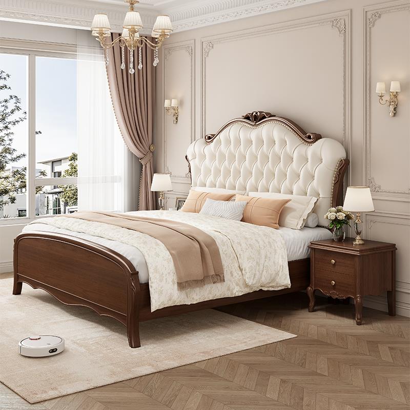 美式复古实木床中古风真皮床1.8