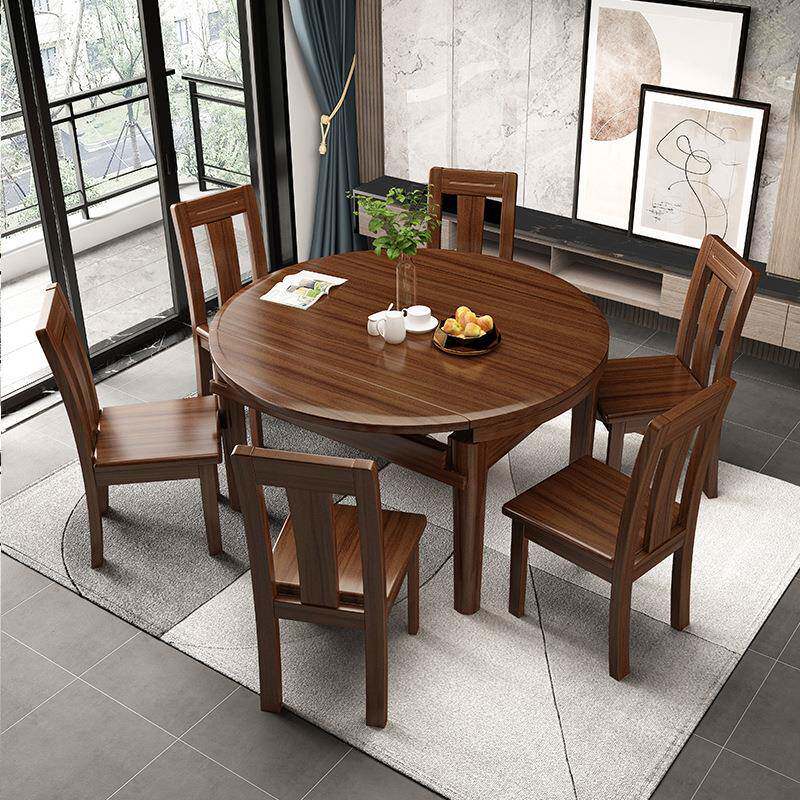 胡桃木实木餐桌折叠伸缩方圆两用桌子中式小户型家用饭桌大圆桌