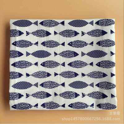 亚麻面料 麻布印花 亚麻坯布 工艺品布 背景布 白底布小鱼