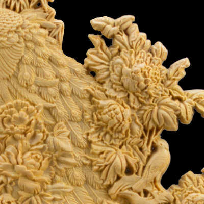淘乐购批发孔雀牡丹黄杨木木质工艺品摆件红木底座办公场摆饰送礼