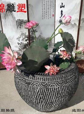 石雕鱼缸青石花盆彷古水缸纯手工石盆庭院石缸石头缸定做养鱼种花