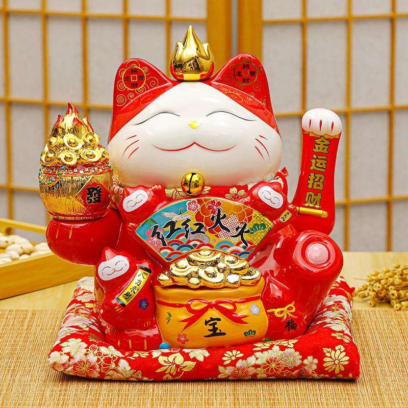 大号12寸招财猫电自动摇手电池发财猫收银台摆件红色吉祥福建陶瓷