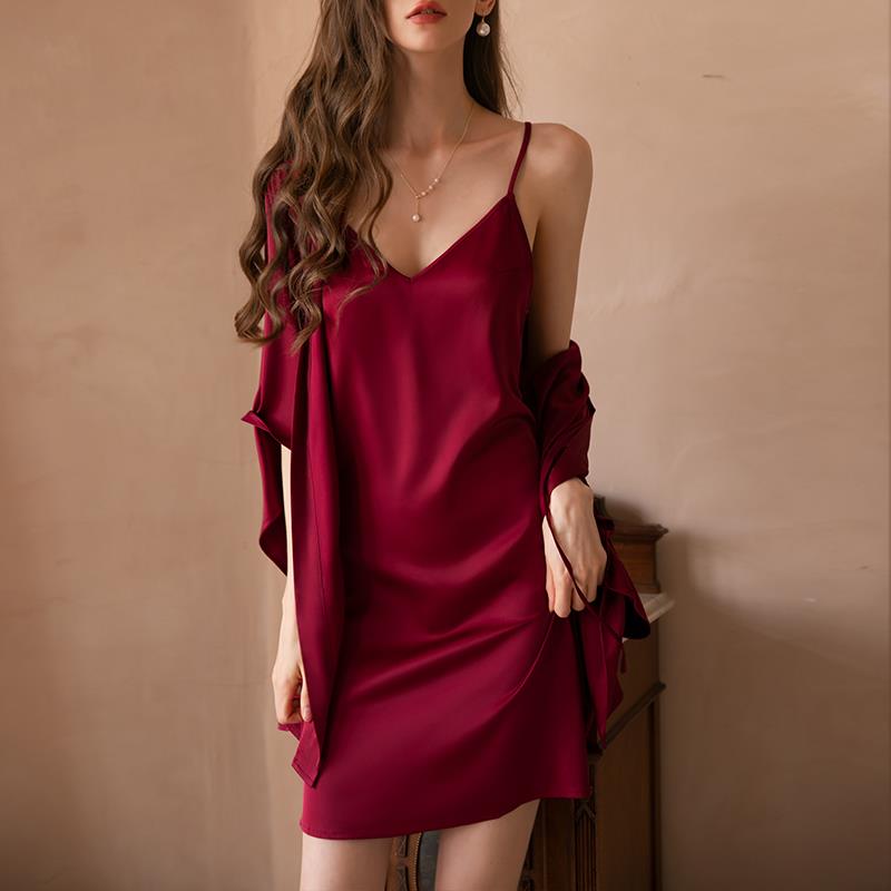 性感睡衣女真丝吊带睡裙睡袍两件式套装薄蚕丝结婚家居服夏季高级