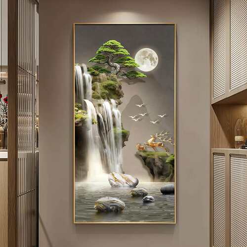流水生财轻奢高端玄关画入户门装饰画新中式山水风景LED带灯壁画