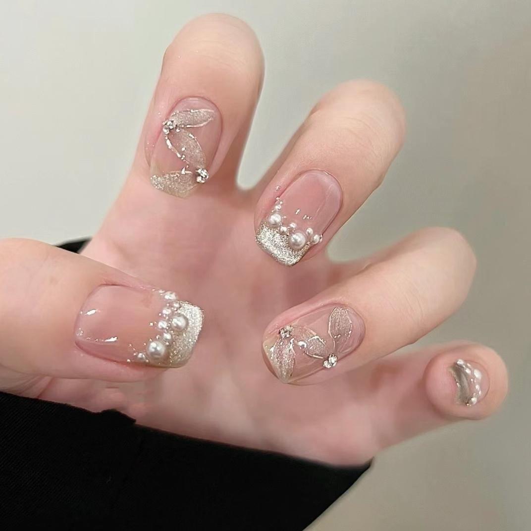 纯手工穿戴甲温柔爆闪美甲甲晶石