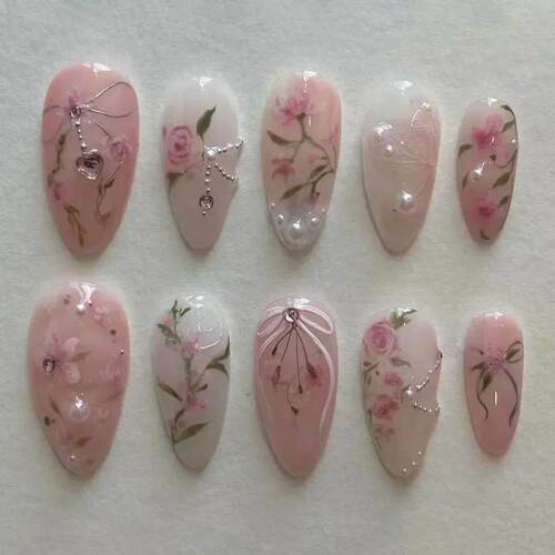 24Pcs Pink Almond False Nails Butterfly Ballet with French D