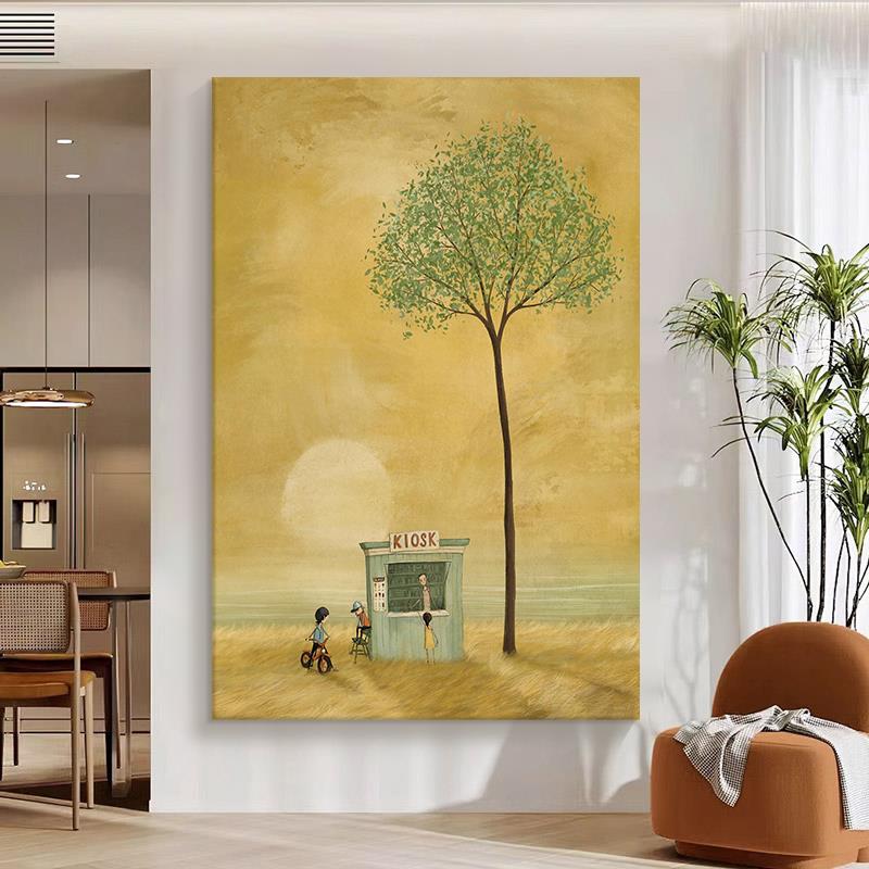 卡通治愈系风景手绘油画艺术人物树木客厅装饰画玄关卧室小众挂画图片
