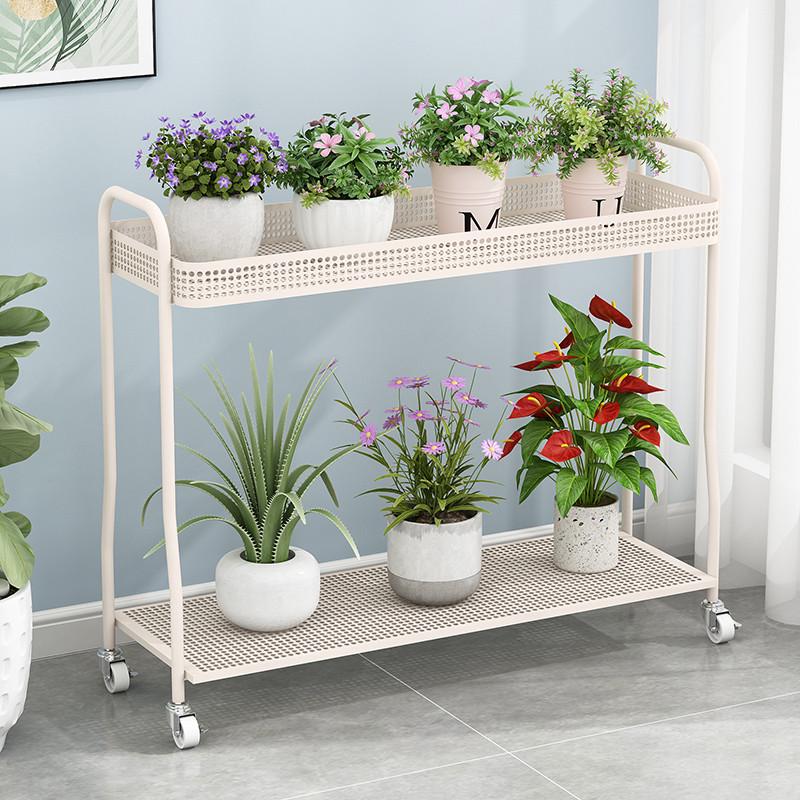 奶油风多肉花架置物架阳台铁艺花架子客厅落地双层室内带轮花盆架