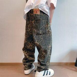 Men's Leopard Print Wide Leg Jeans, Loose Casual Fashion