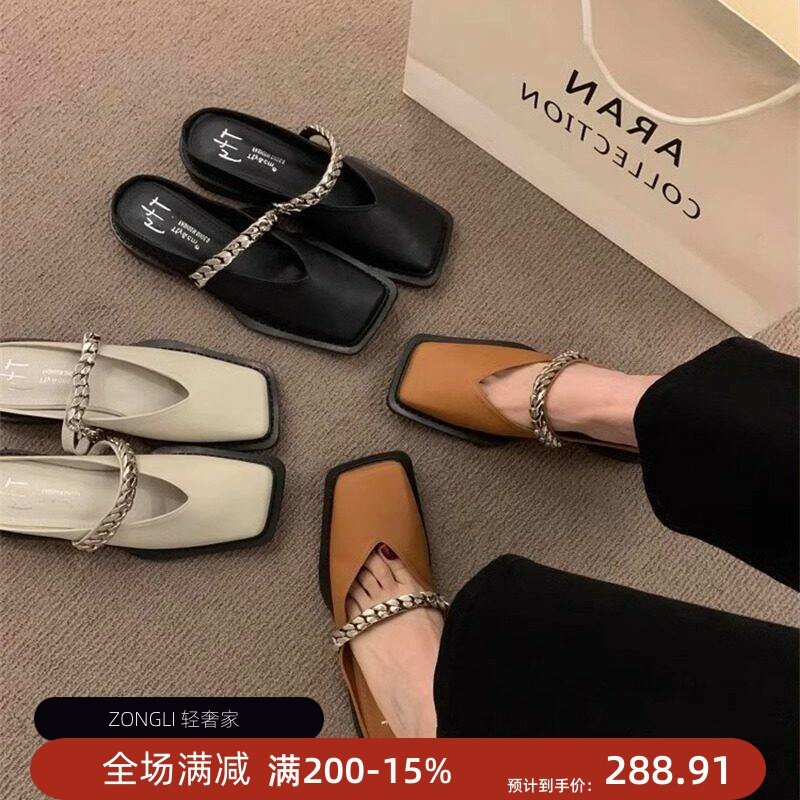 香港法式复古包头半拖鞋女外穿夏季2026新款通勤低跟半托乐福单鞋