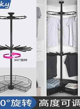 衣帽间衣柜转角360度旋转衣架 三层不锈钢香槟金 黑色衣裤收纳架
