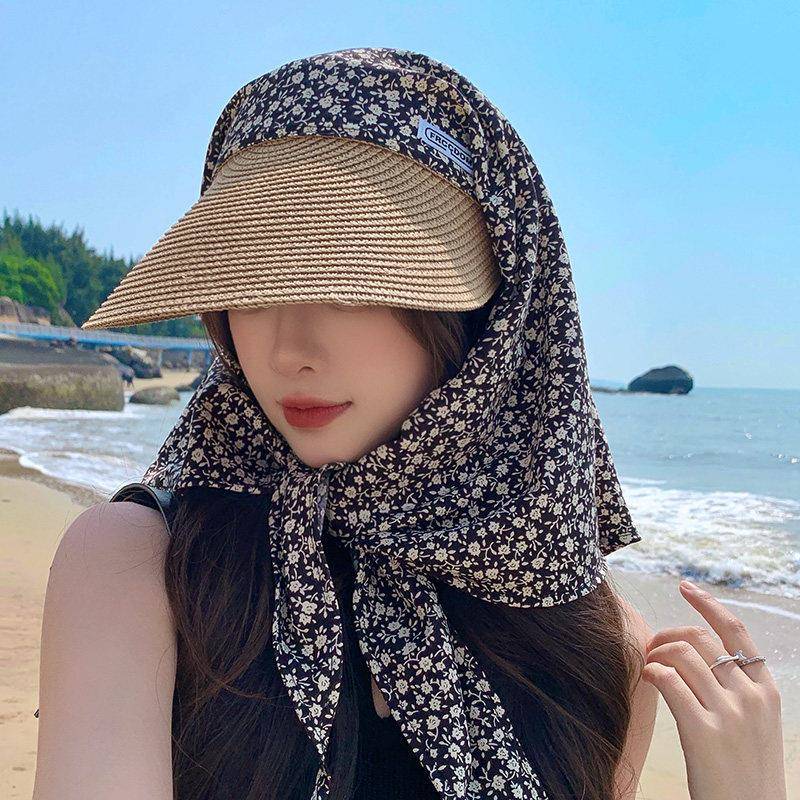 小碎花遮阳帽子女夏季大檐防紫外线草帽户外骑车包头防晒头巾帽潮