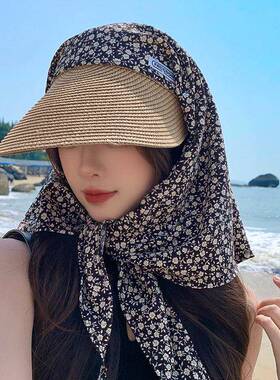 小碎花遮阳帽子女夏季大檐防紫外线草帽户外骑车包头防晒头巾帽潮