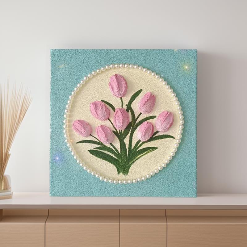 风景珍珠花丙烯立体肌理画diy数字油画石英砂手工郁金香装饰画