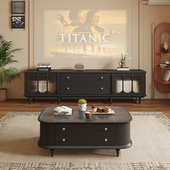 电视柜 中古风法式 实木电视柜茶几组合小户型客厅新款 黑色复古美式