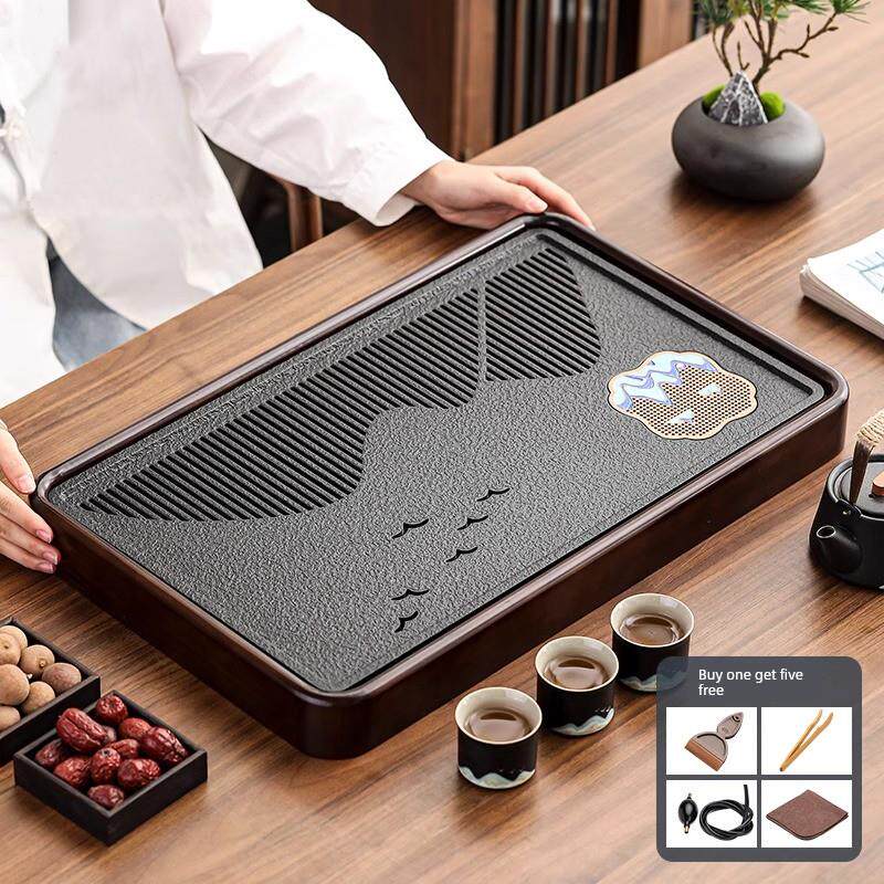 黑金石材彷木纹小茶盘家用茶具可达豪华现代客厅干泡茶桌茶海储排