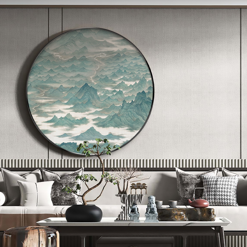 新中式客厅圆形山水装饰画侘寂风酒店民宿挂画餐厅卧室床头壁画图片