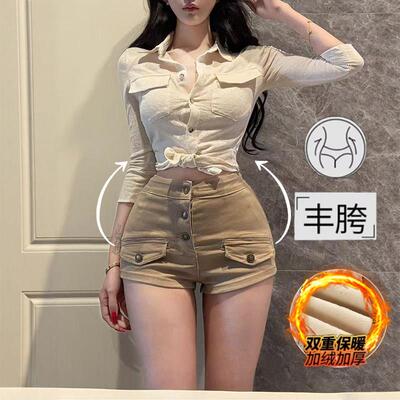 李李服饰老钱风丰胯牛仔短裤女2025冬季加绒加厚高腰显瘦包臀热裤