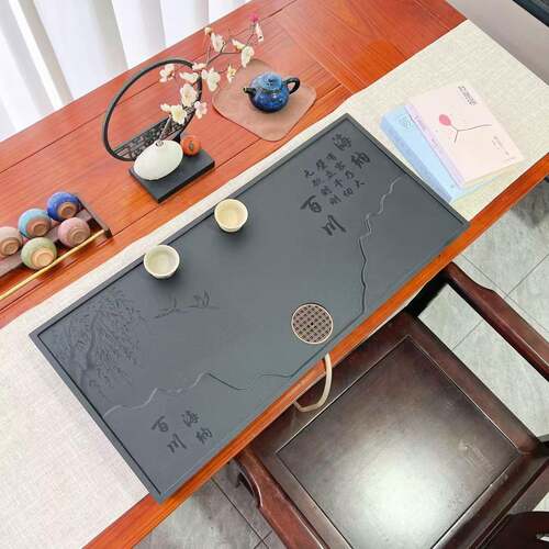 乌金石茶盘排水式茶台新中式客厅办公室茶具简约茶托 托盘可内嵌