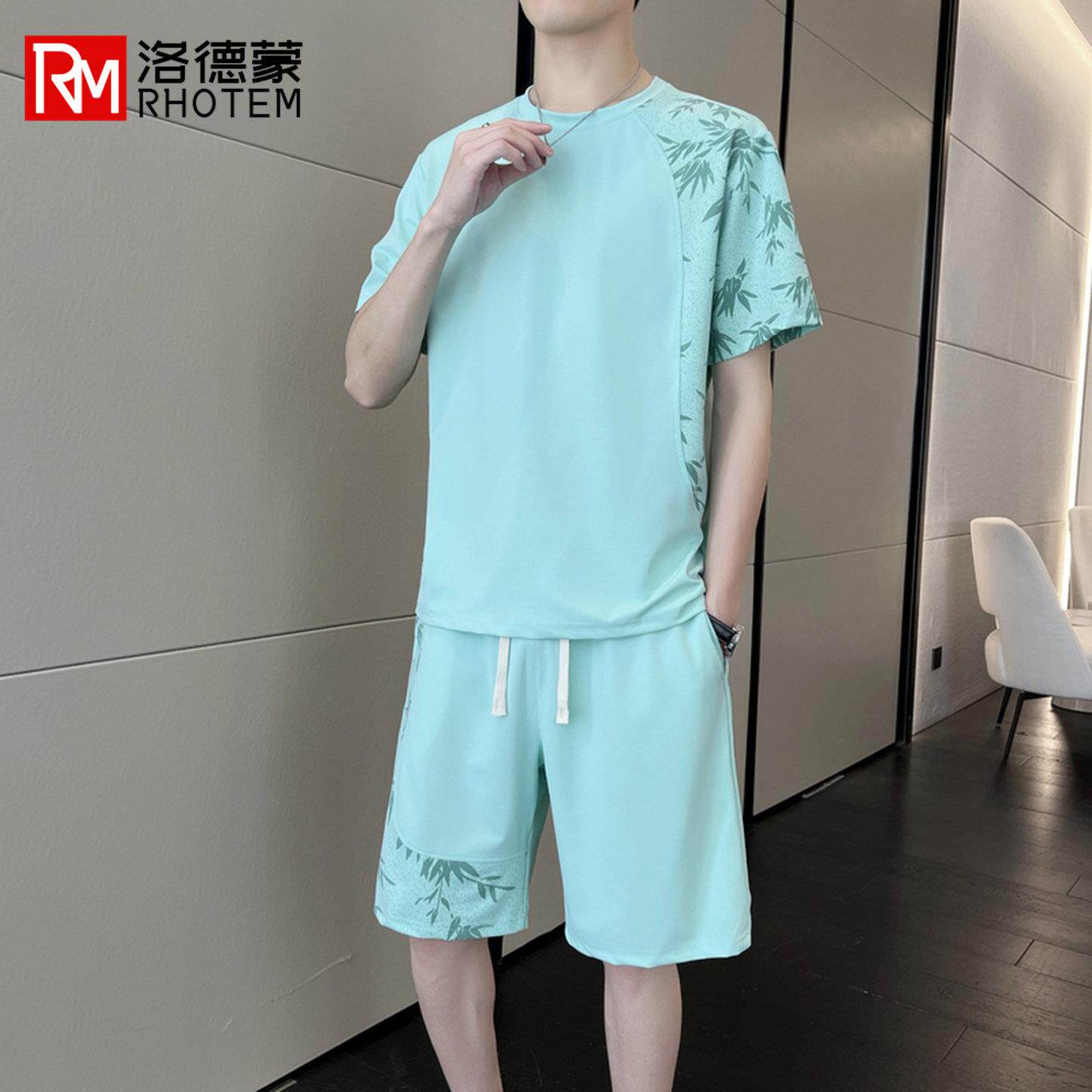 洛德蒙夏季新款中国风冰丝短袖T恤短裤一套免搭男士休闲运动套装