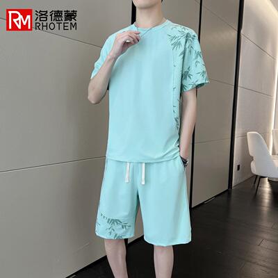 洛德蒙夏季新款中国风冰丝短袖T恤短裤一套免搭男士休闲运动套装