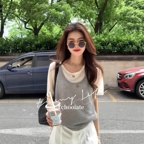 I.Tchooiate假两件灰色圆领冰丝针织短袖t恤女夏季慵懒风正肩上衣