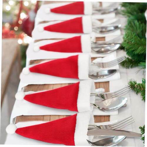 Christmas decorations Santa hat knife fork set wine bottle