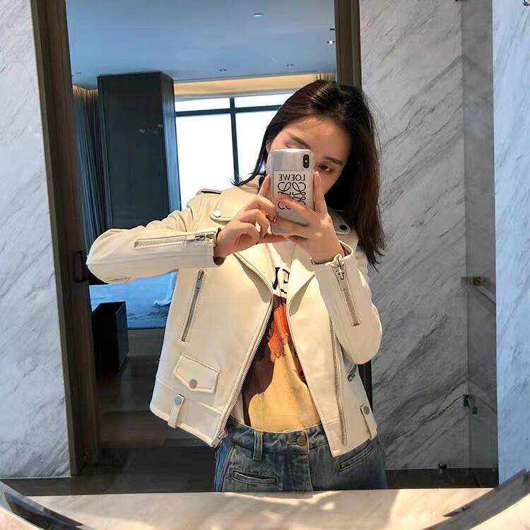 欧货2025海宁春秋新款时尚白色机车皮衣女短款显瘦修身皮夹克外套