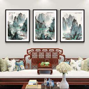 现代新中式客厅装饰画山水画风景三联国画办公挂画白雪石千峰竞秀