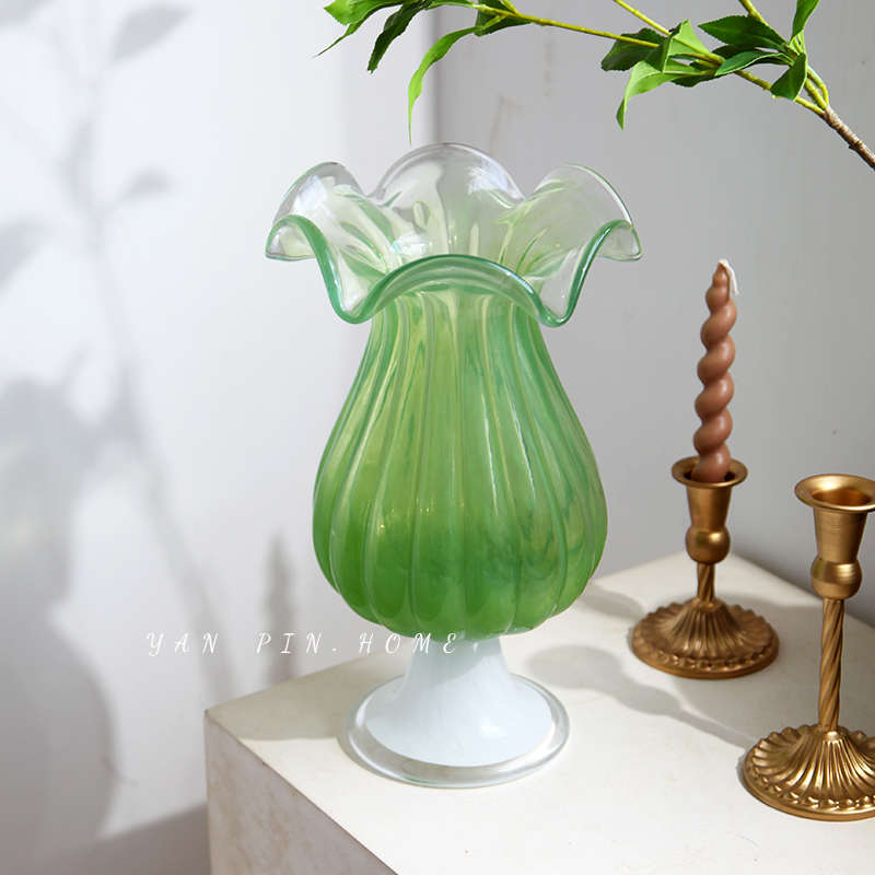 复古中古风灯花瓶高脚玻璃花器客厅电视柜餐桌欧式琉璃瓶装饰摆件
