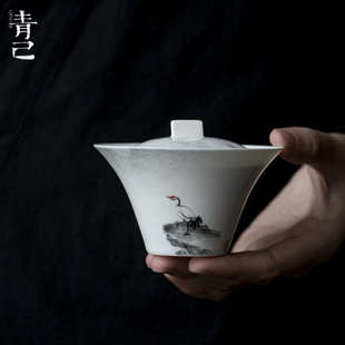 水墨手绘仙鹤盖碗 青己 功夫茶具陶瓷家用泡茶碗文人薄胎手作盖碗