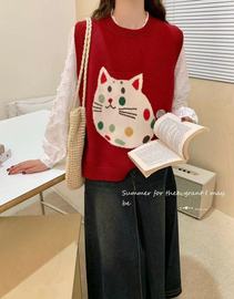 文艺学院风可爱猫咪春装软糯舒适圆领套头无袖百搭减龄马甲女