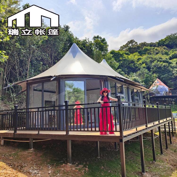 露营地豪华双峰野奢帐篷酒店全景落地窗酒店篷房厂家提供上门安装