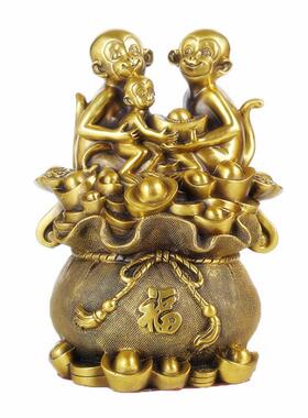 黄铜猴摆件金猴献宝福字元宝聚宝盆生肖猴全家福猴家居客厅装饰品