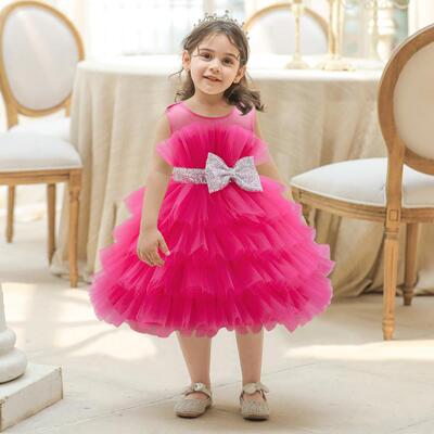 girls bow decor tiered layer satin formal dress sleeveless