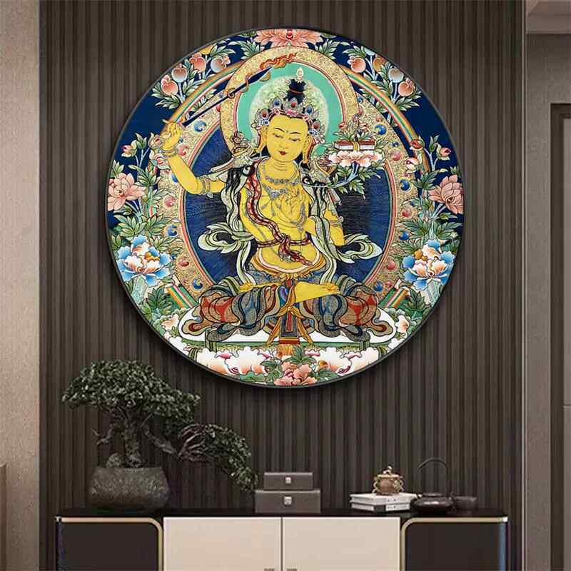 西藏族唐卡财神释迦牟尼佛像圆形装饰画酒店客厅玄关书房墙壁挂画