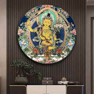 西藏族唐卡财神释迦牟尼佛像圆形装饰画酒店客厅玄关书房墙壁挂画