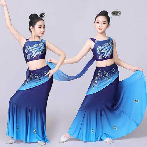 高档新款儿童傣族舞蹈演服裙出服女童孔雀舞包臀鱼尾幼儿演民族表