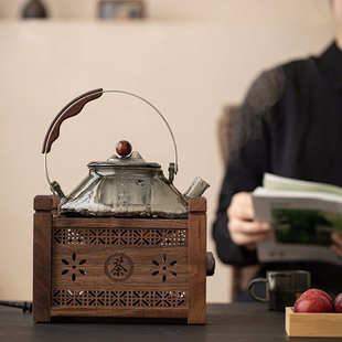围炉煮茶器具全套装 新中式 家用室内高端胡桃木电陶炉煮茶炉煮茶壶