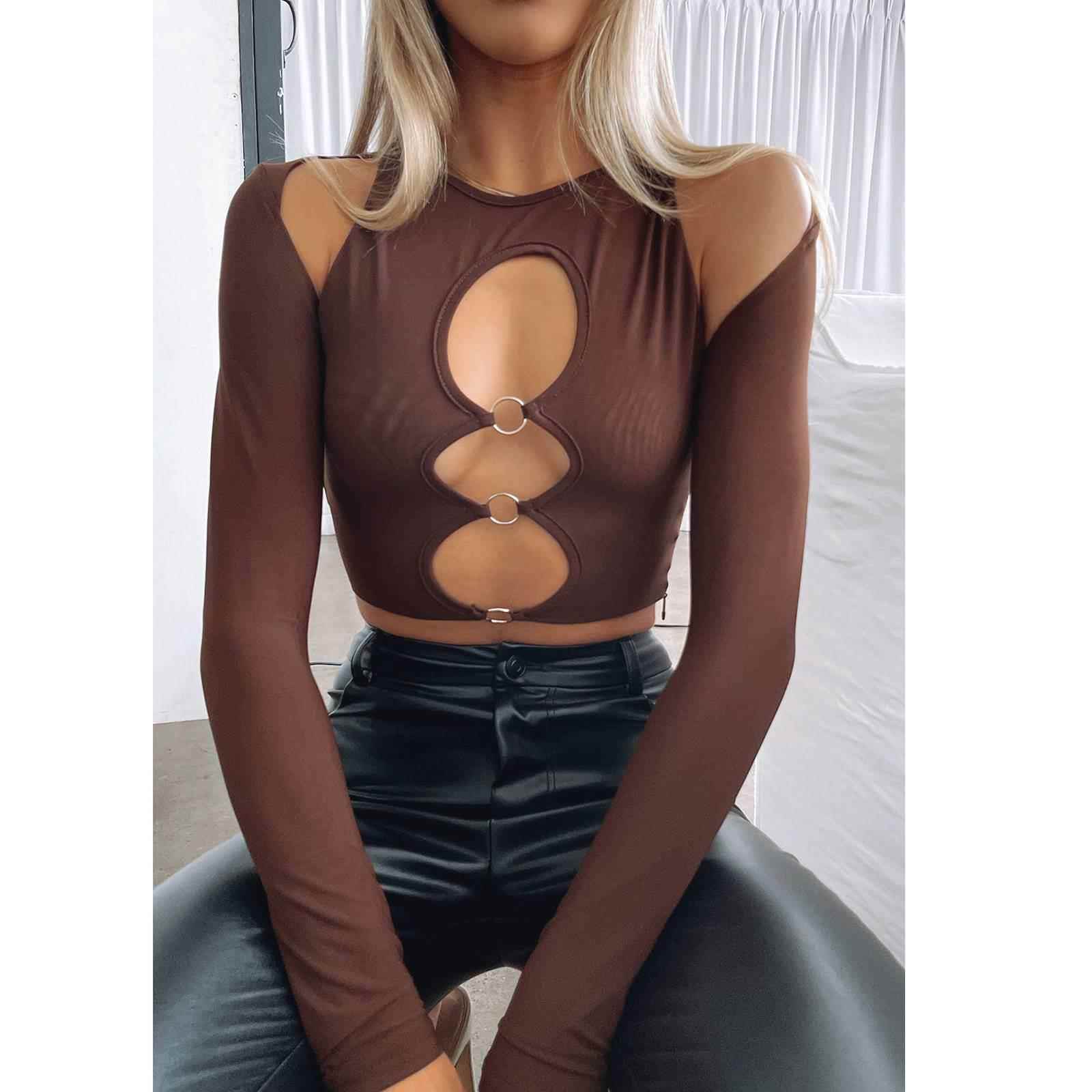 wsevypo Women Cutout Crop ops Solid Color Tshirt Sexy Long