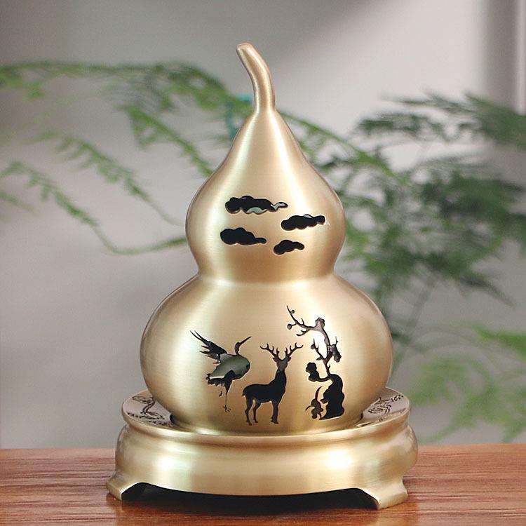 中式古典黄铜葫芦香炉吉祥摆件家用客厅檀香炉创意镂空仙鹤熏香炉