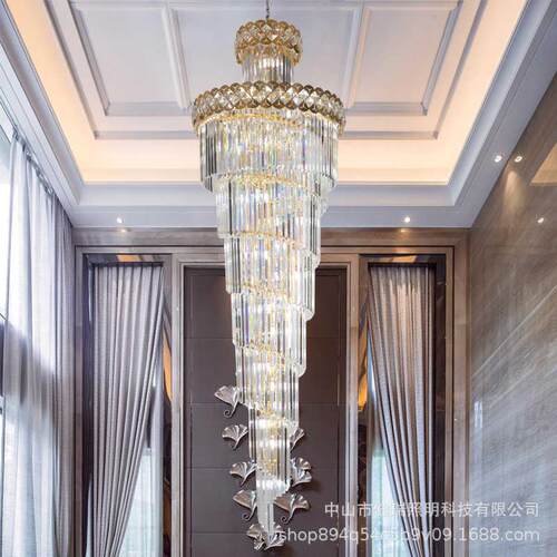 复式楼梯大吊灯酒店工程大堂大灯别墅客厅中空旋转水晶长吊灯