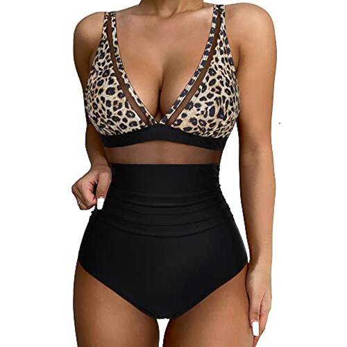 Plus Size Plants Print Mesh Splicing Deep V One-Piece